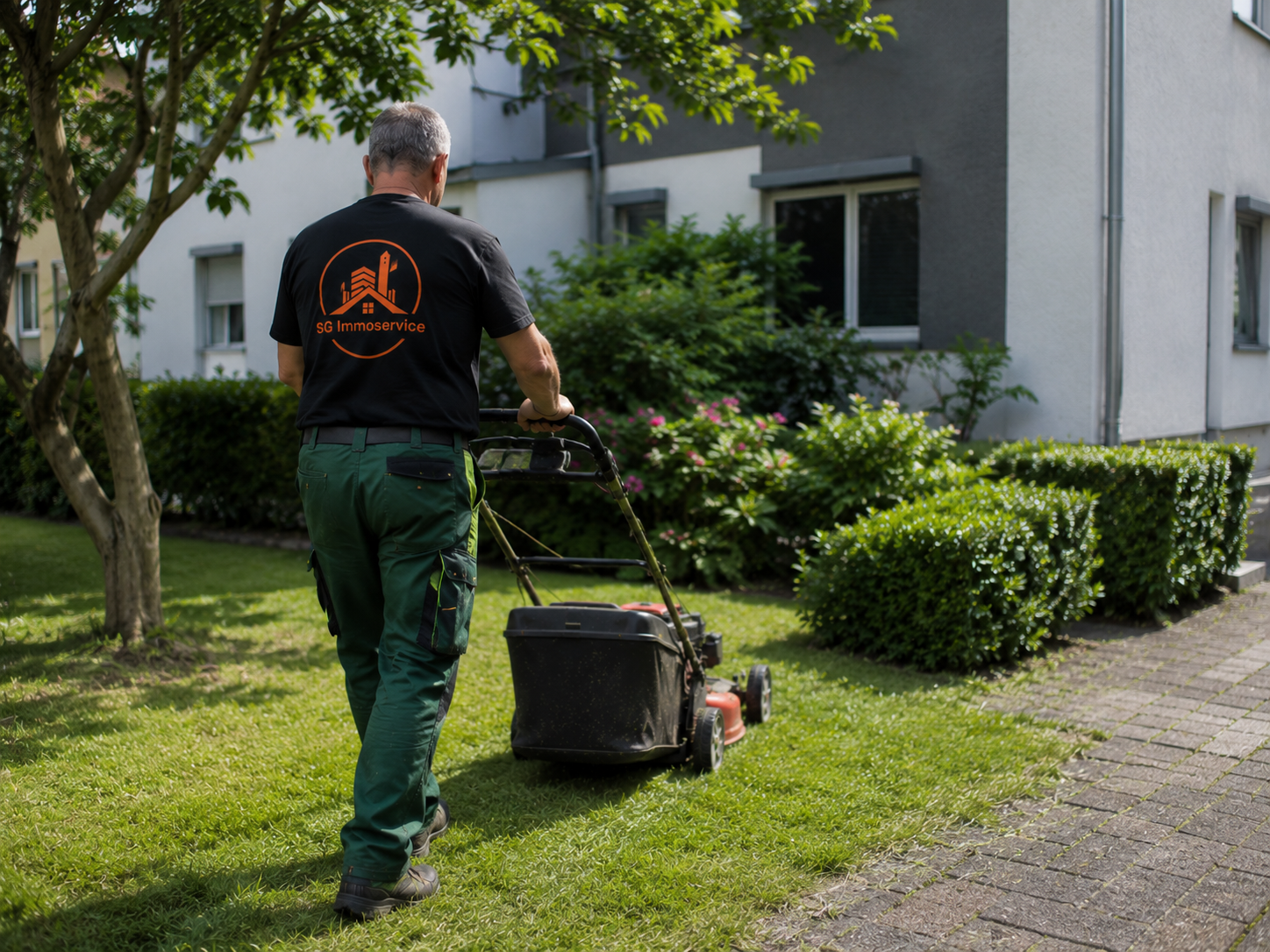 Gepflegte Grünanlage und Hecken vor einer Wohnanlage